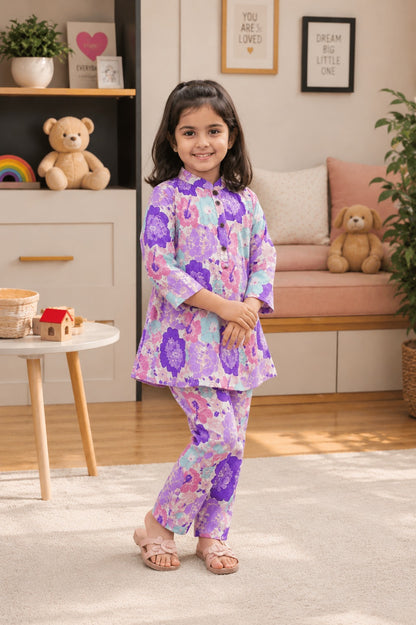 Lavender  Flower Printed Girls Co-Ord Set