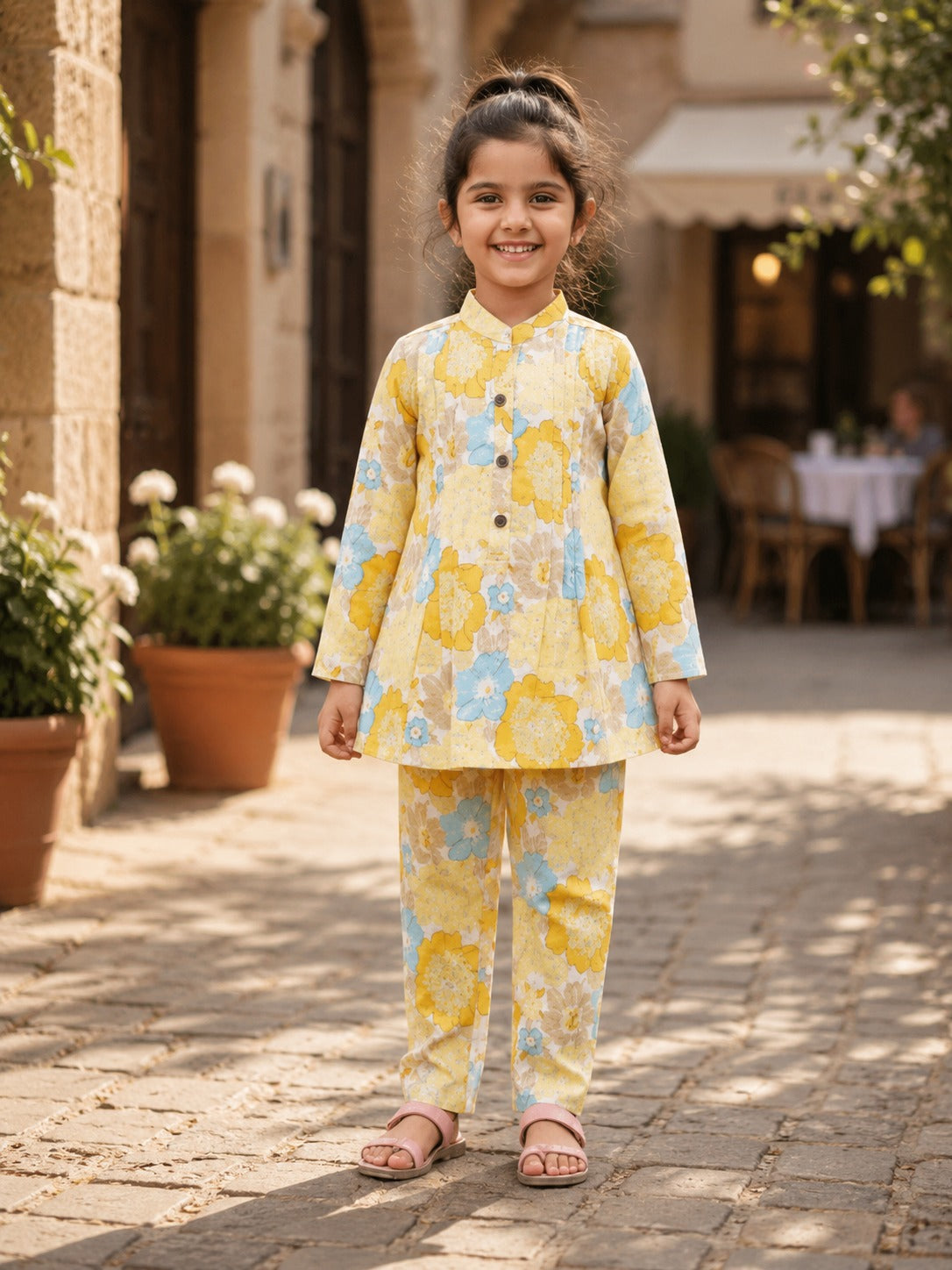 Yellow  Flower Printed Girls Co-Ord Set