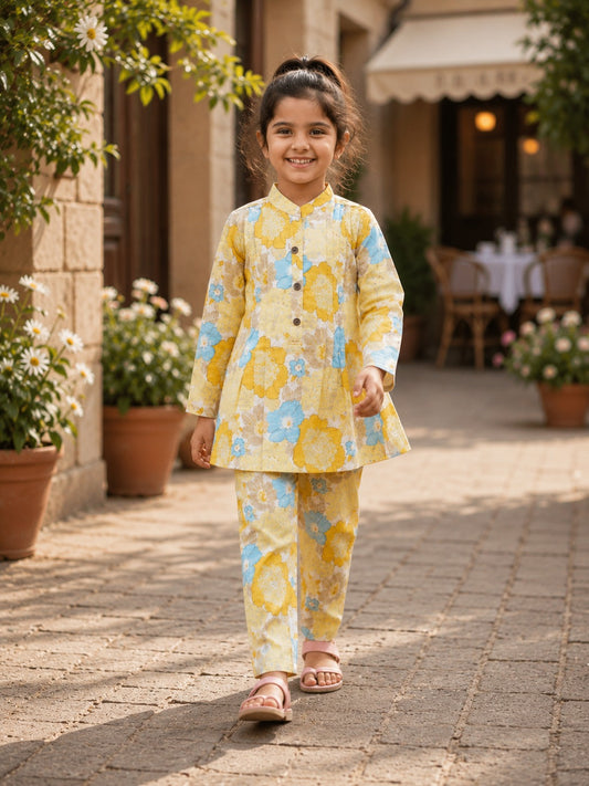 Yellow  Flower Printed Girls Co-Ord Set