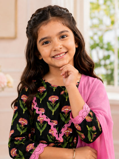 Floral Gathered Black Kurta With Sharara Set