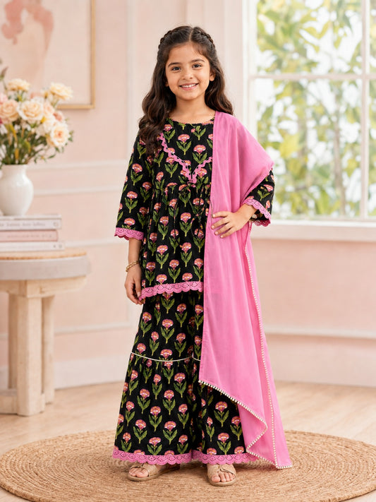 Floral Gathered Black Kurta With Sharara Set