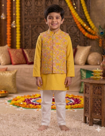 Mustard Digital Flower Print Kurta Pajama with Nehru Jacket