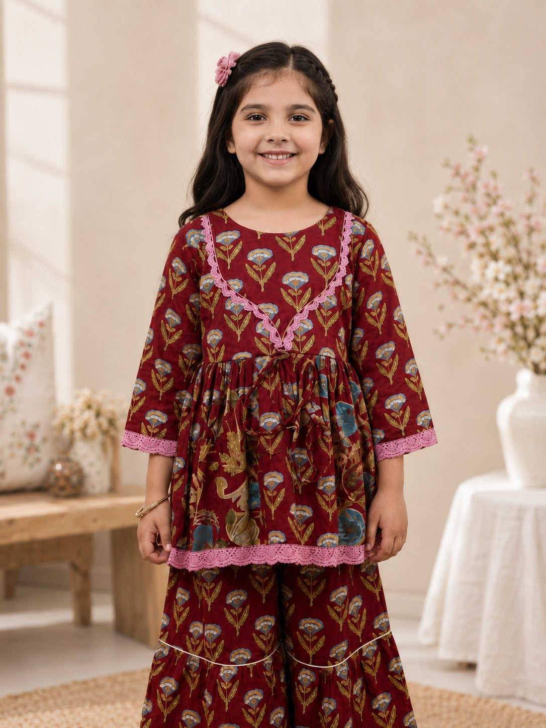 Floral Gathered Maroon Kurta With Sharara Set