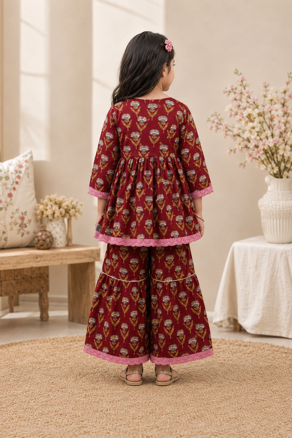 Floral Gathered Maroon Kurta With Sharara Set