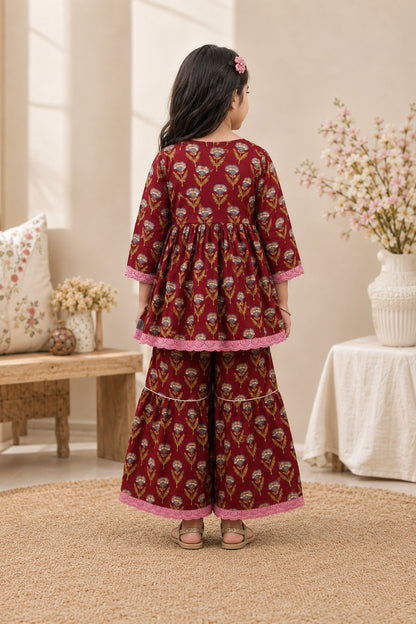 Floral Gathered Maroon Kurta With Sharara Set