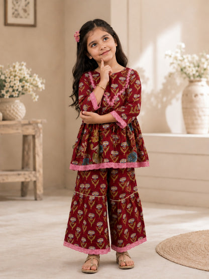 Floral Gathered Maroon Kurta With Sharara Set
