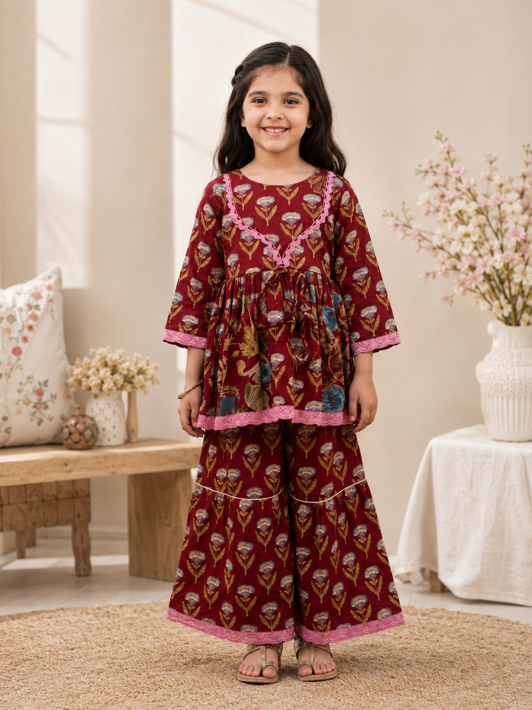 Floral Gathered Maroon Kurta With Sharara Set