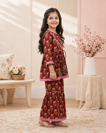 Floral Gathered Maroon Kurta With Sharara Set