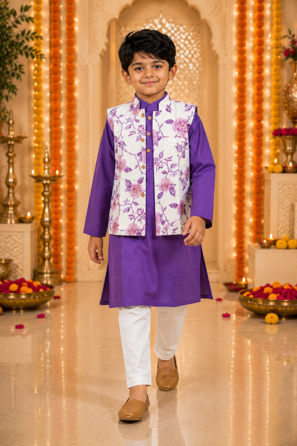Lavender rose print kurta Pyjama with jacket
