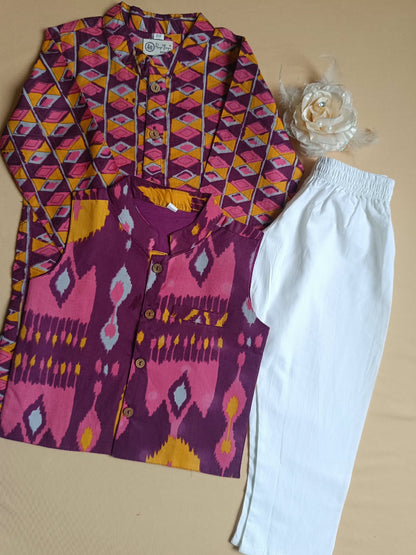 Purple Ikkat printed Jacket with Ikkat print Kurta Pyjama