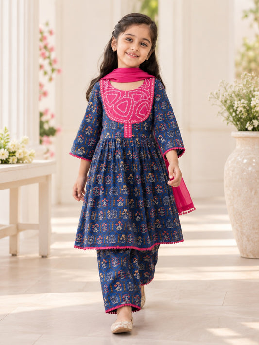 Navy Blue ColourMughal Boota, screen printed Girls Flare Suit Set