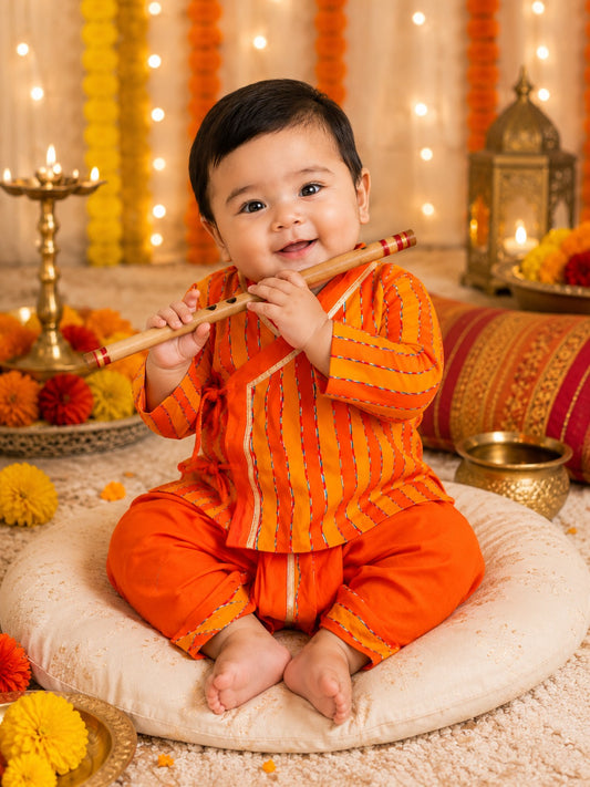 Orange Leheriya Print Krishna dress for Janmashtami