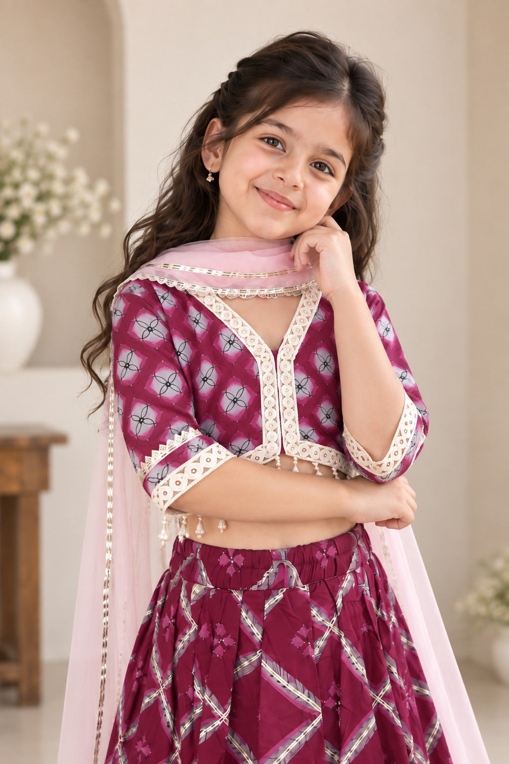 Jaal Buta Print wine Colour lehenga Choli