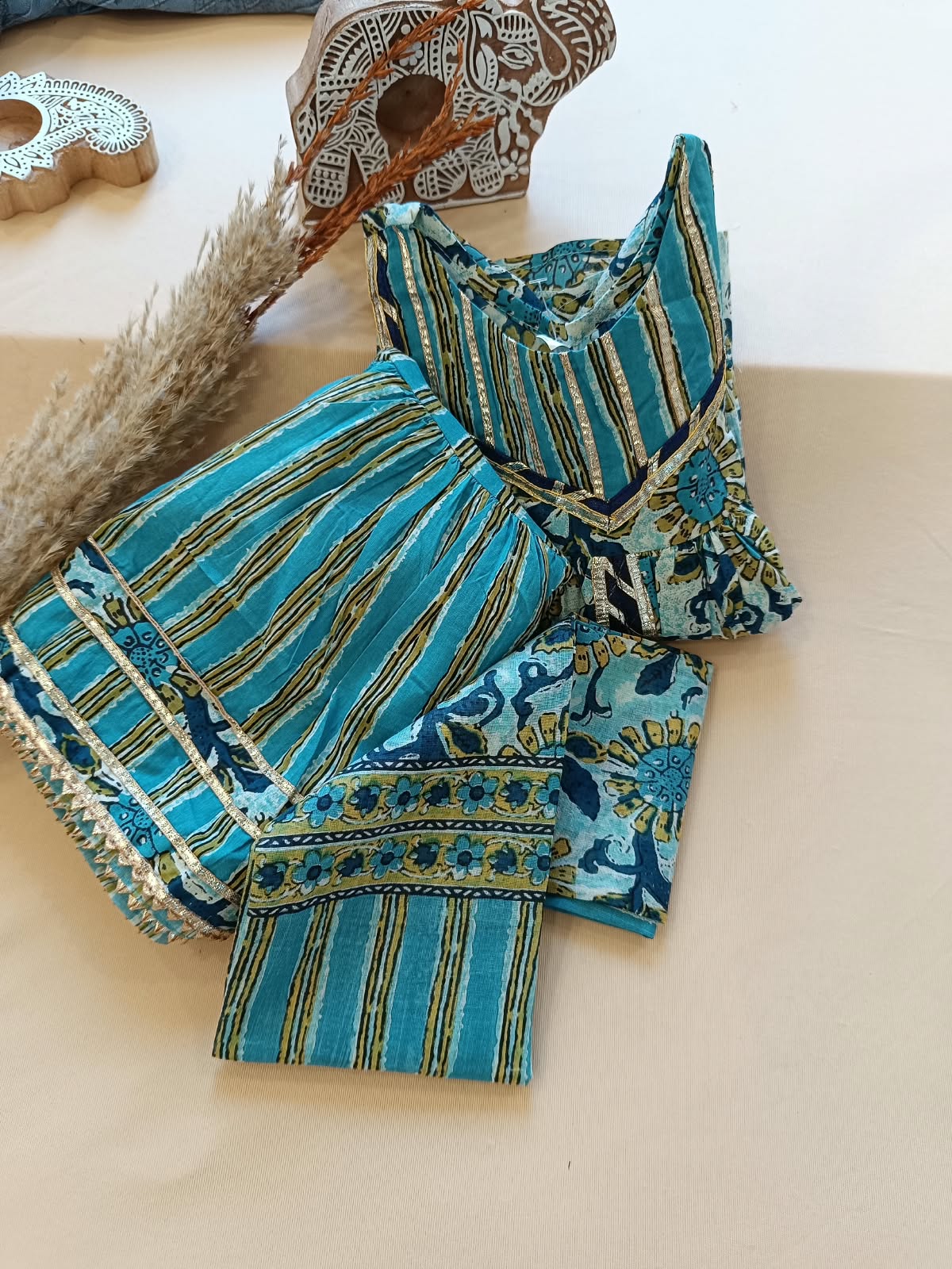 Abstract Print Aqua Green Coloured Front Cut Anarkali Suit with Sharara