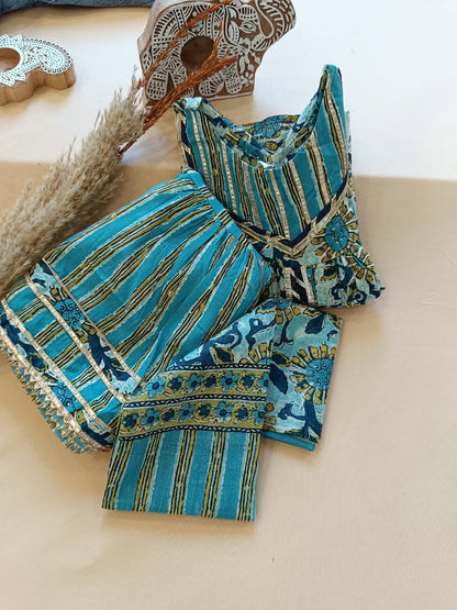 Abstract Print Aqua Green Coloured Front Cut Anarkali Suit with Sharara