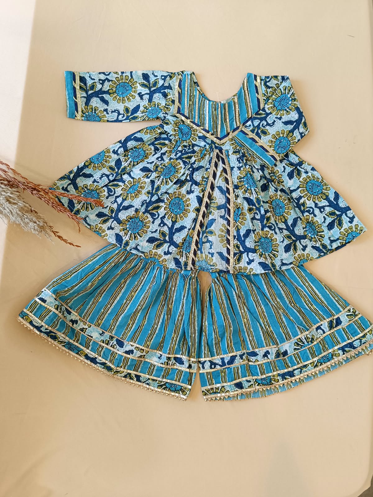 Abstract Print Aqua Green Coloured Front Cut Anarkali Suit with Sharara