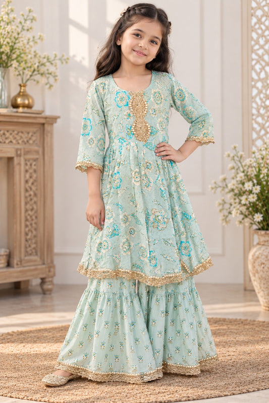 Tea Green Colour floral Print Ankarkali Suit with Sharara