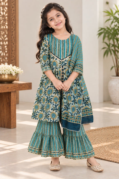 Abstract Print Aqua Green Coloured Front Cut Anarkali Suit with Sharara