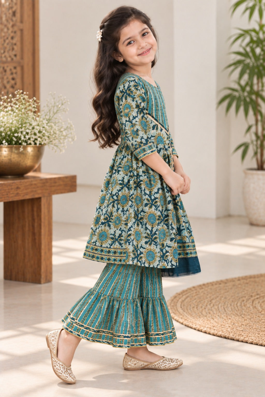 Abstract Print Aqua Green Coloured Front Cut Anarkali Suit with Sharara