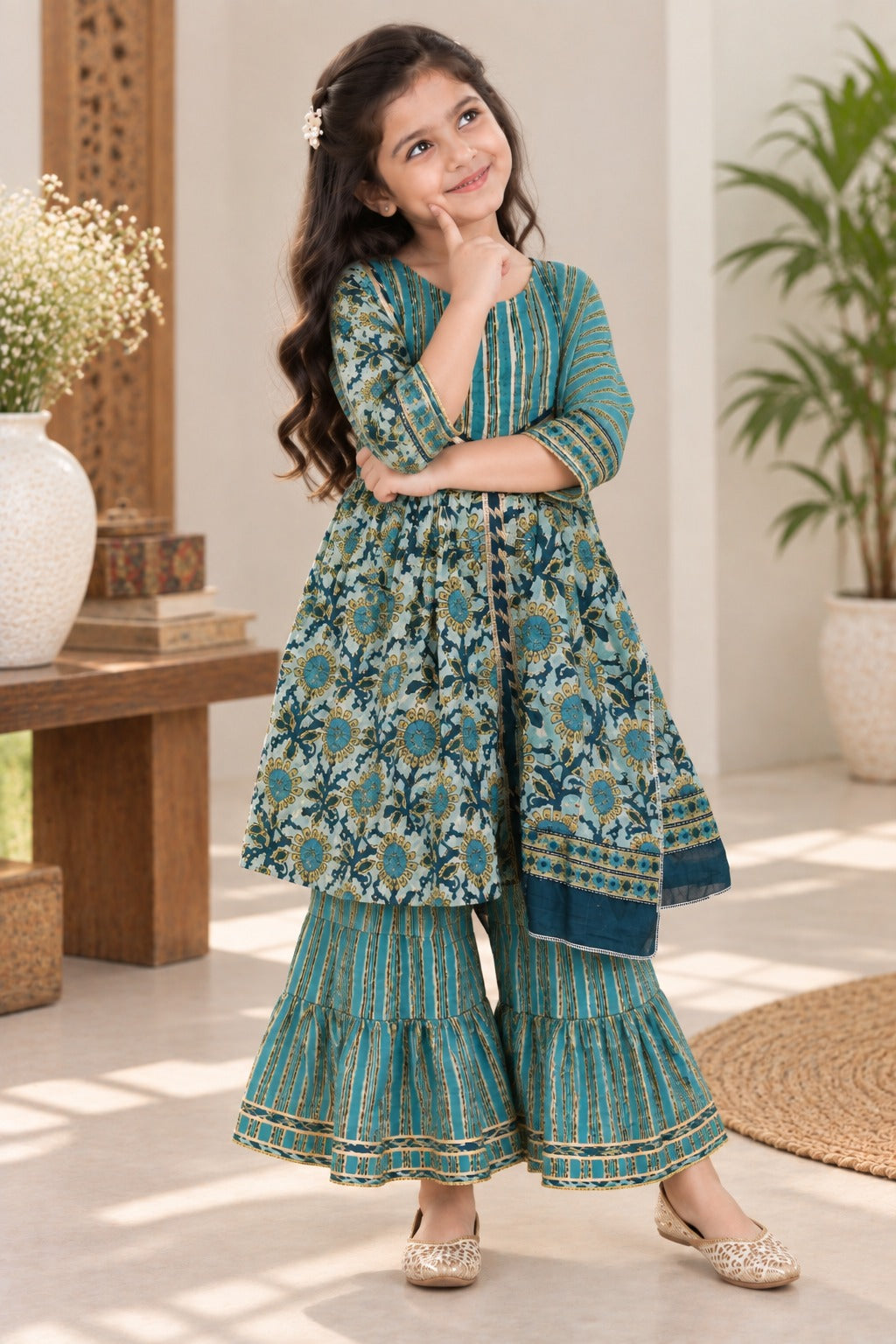 Abstract Print Aqua Green Coloured Front Cut Anarkali Suit with Sharara