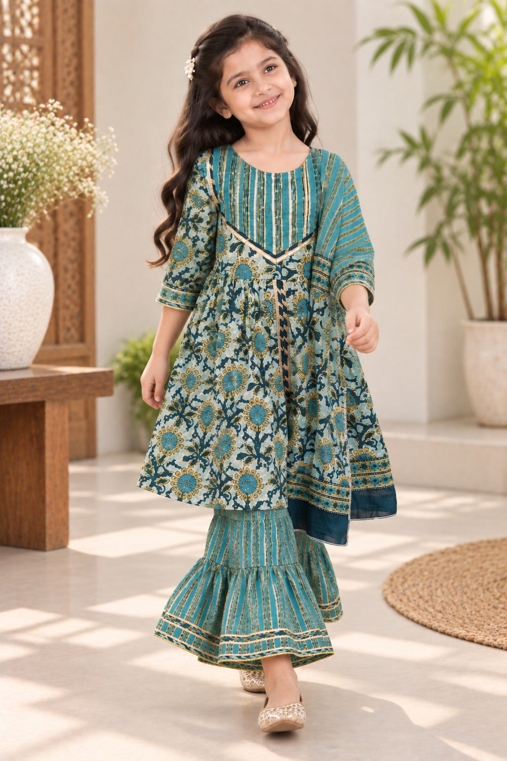 Abstract Print Aqua Green Coloured Front Cut Anarkali Suit with Sharara