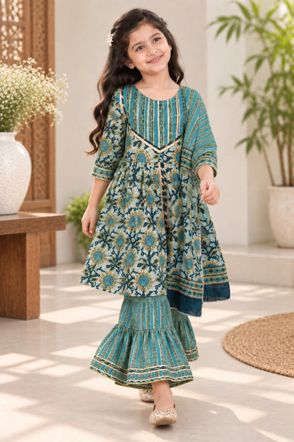 Abstract Print Aqua Green Coloured Front Cut Anarkali Suit with Sharara