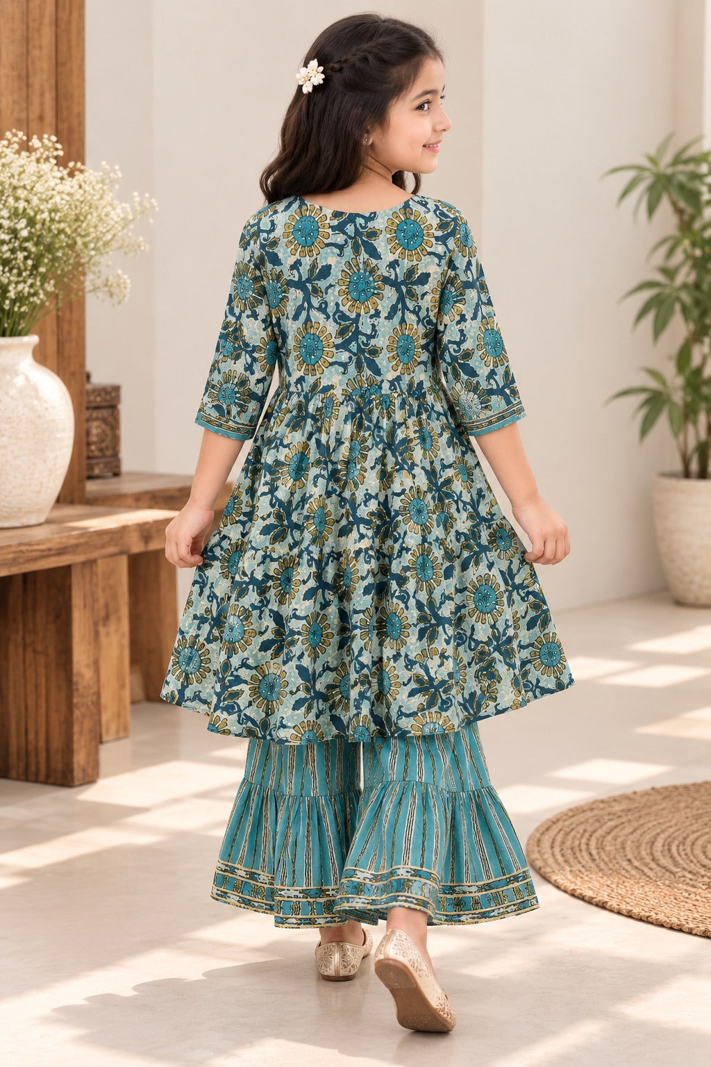 Abstract Print Aqua Green Coloured Front Cut Anarkali Suit with Sharara