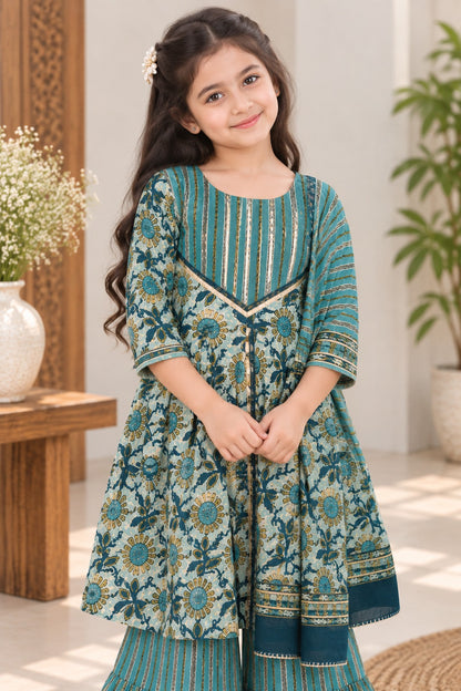 Abstract Print Aqua Green Coloured Front Cut Anarkali Suit with Sharara