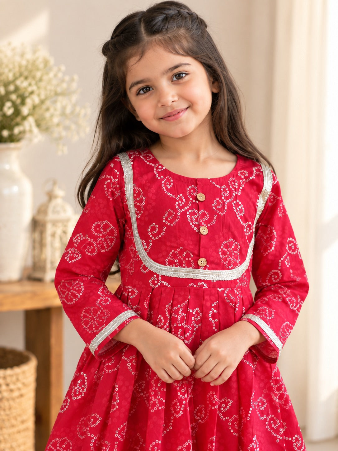Bandhej print Red Colour Anarkali suit with Afghani Salwar