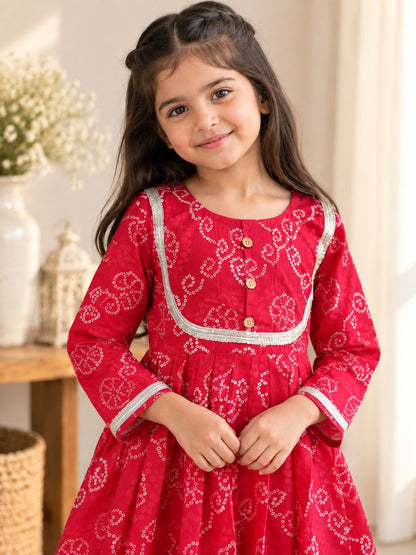 Bandhej print Red Colour Anarkali suit with Afghani Salwar