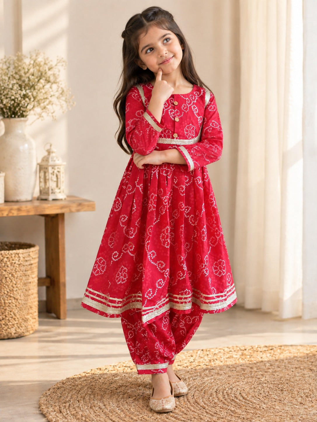 Bandhej print Red Colour Anarkali suit with Afghani Salwar