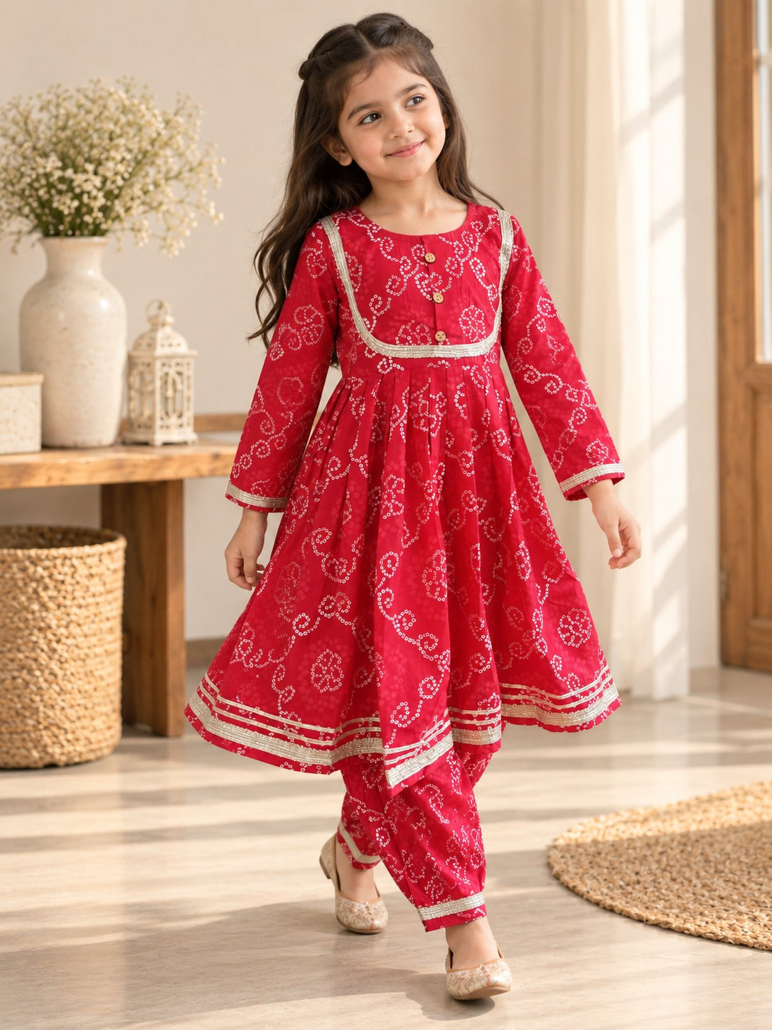Bandhej print Red Colour Anarkali suit with Afghani Salwar