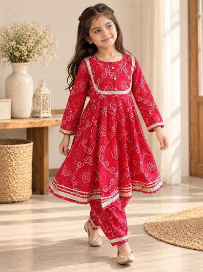 Bandhej print Red Colour Anarkali suit with Afghani Salwar
