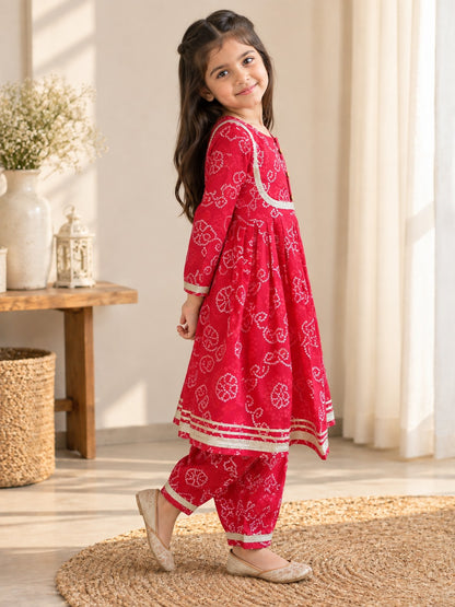 Bandhej print Red Colour Anarkali suit with Afghani Salwar