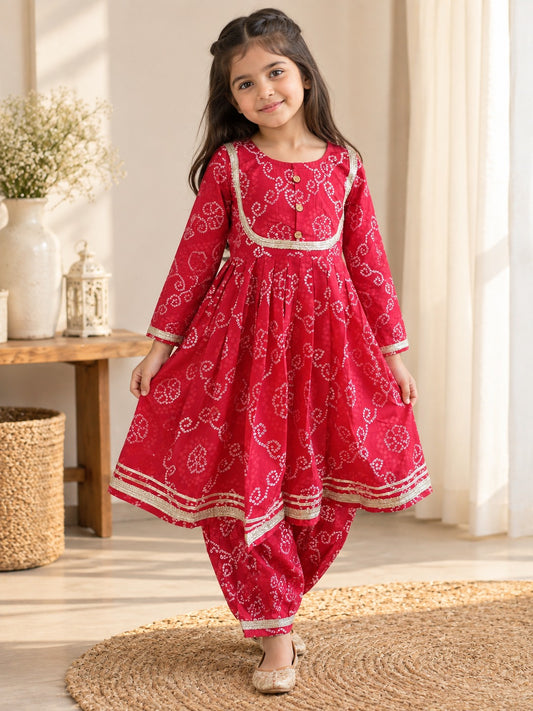 Bandhej print Red Colour Anarkali suit with Afghani Salwar