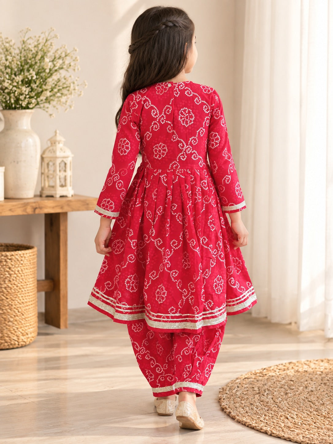 Bandhej print Red Colour Anarkali suit with Afghani Salwar