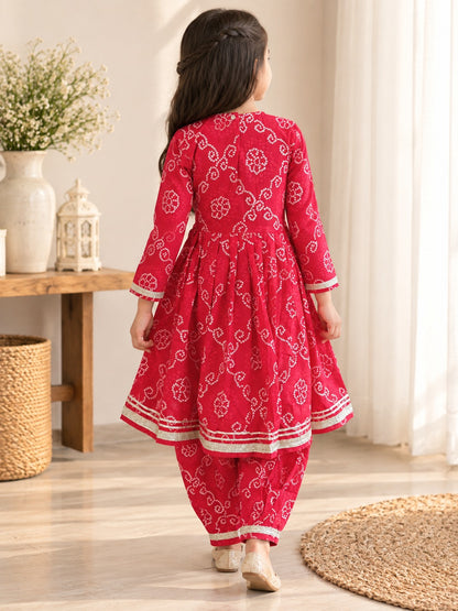 Bandhej print Red Colour Anarkali suit with Afghani Salwar