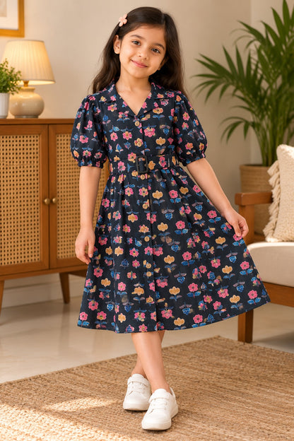 Flower Printed Black color Summer Frock For girls