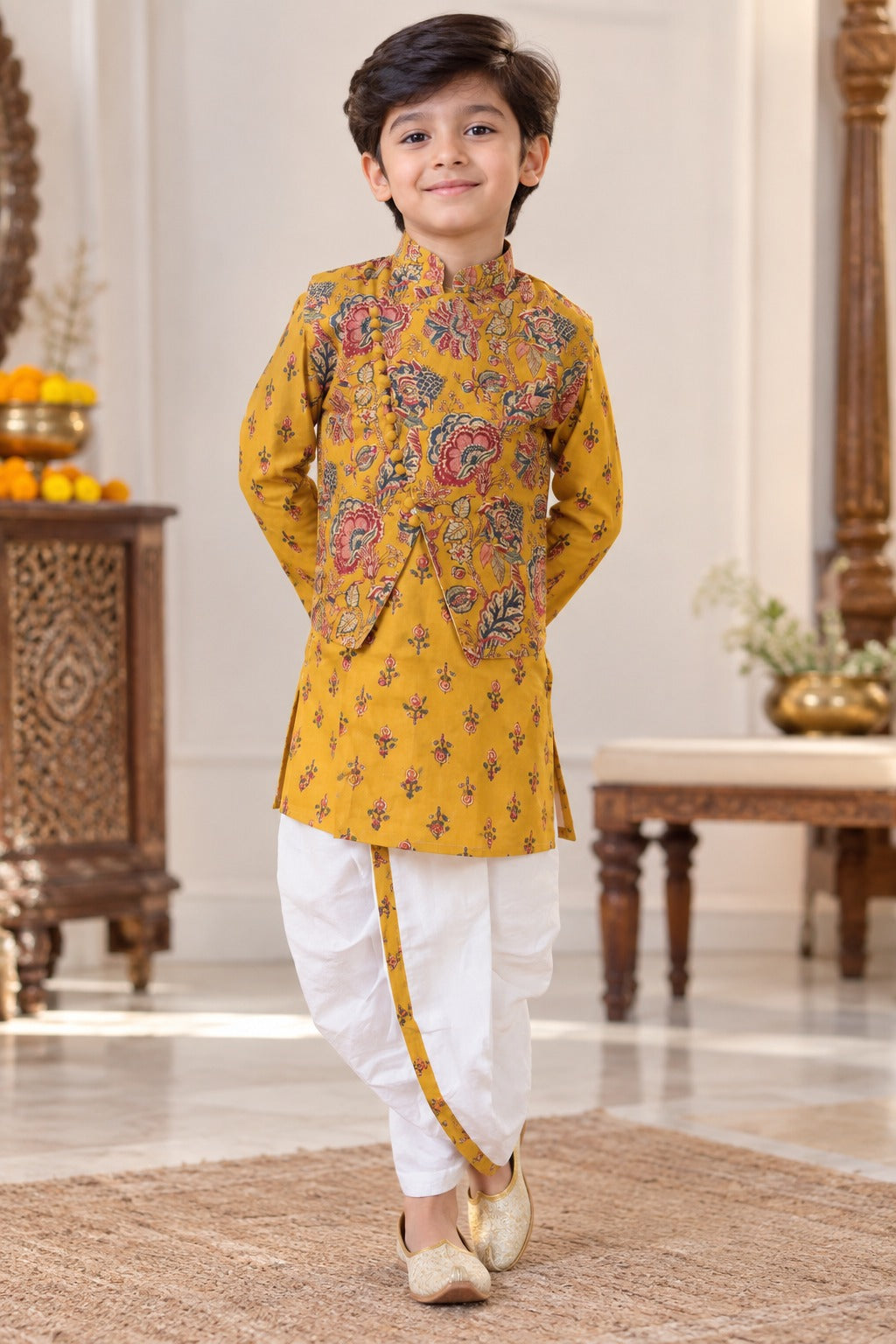 block printed Jacket with Kurta -Dhoti