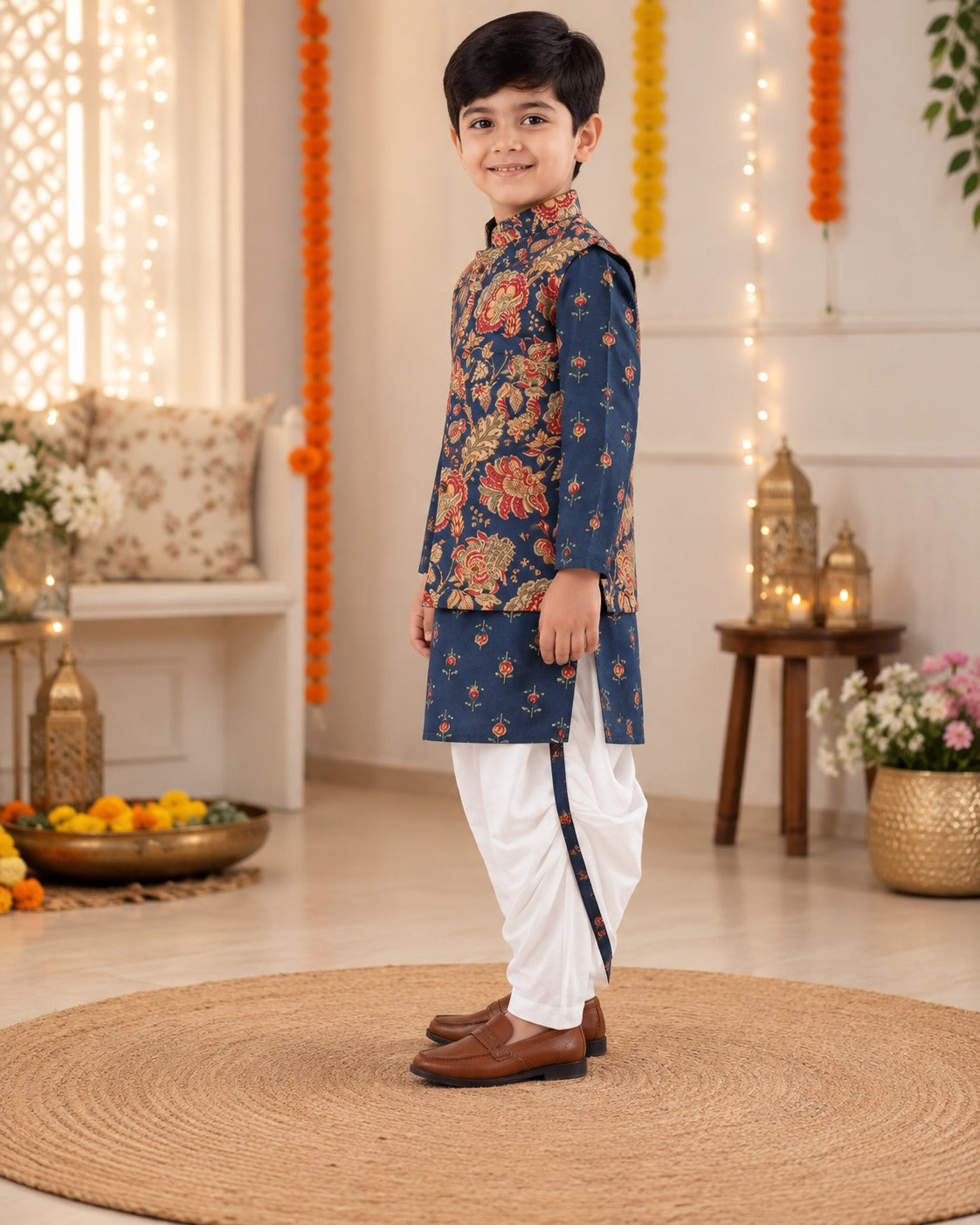 Navy Blue block printed Jacket with Kurta -Dhoti