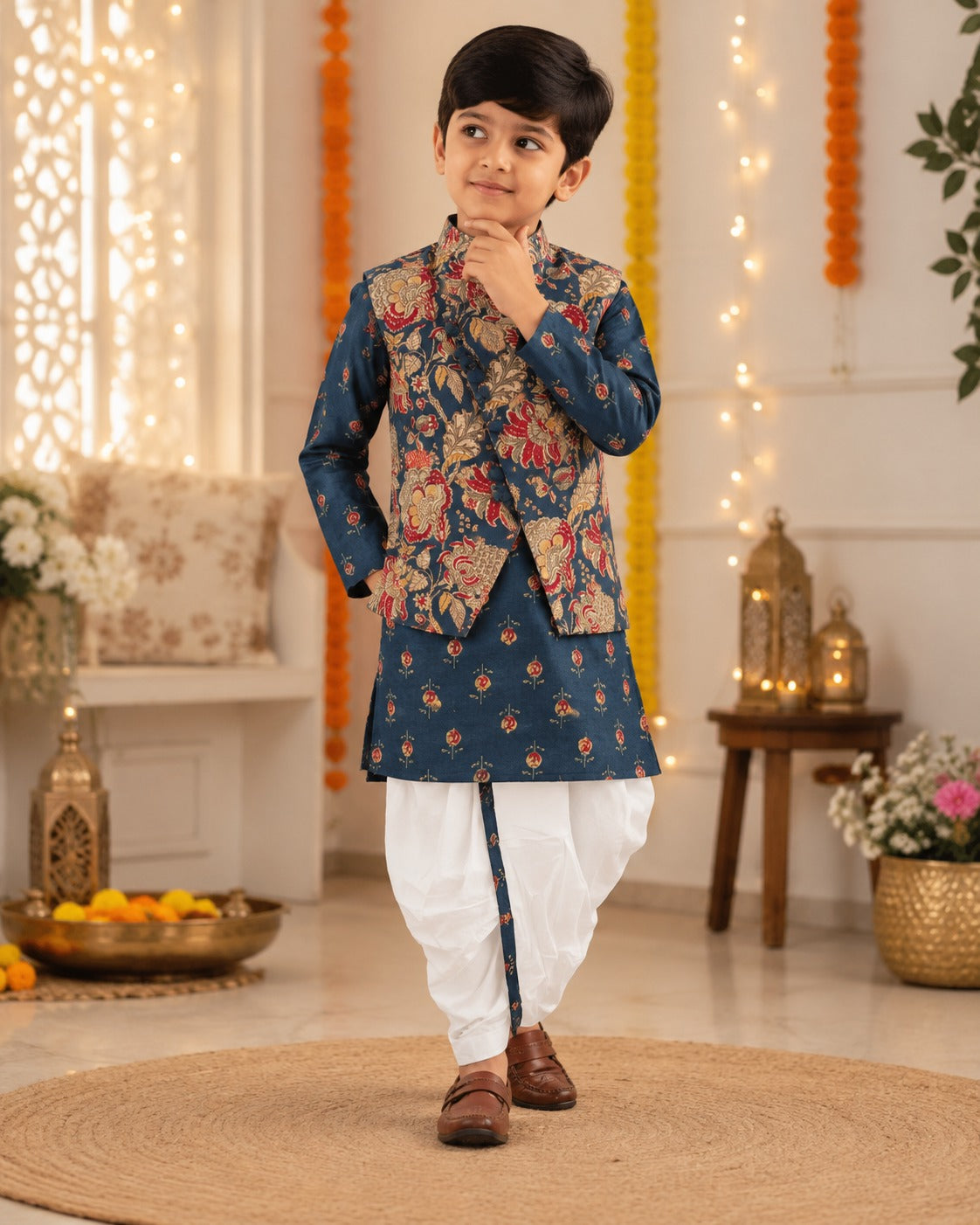 Navy Blue block printed Jacket with Kurta -Dhoti