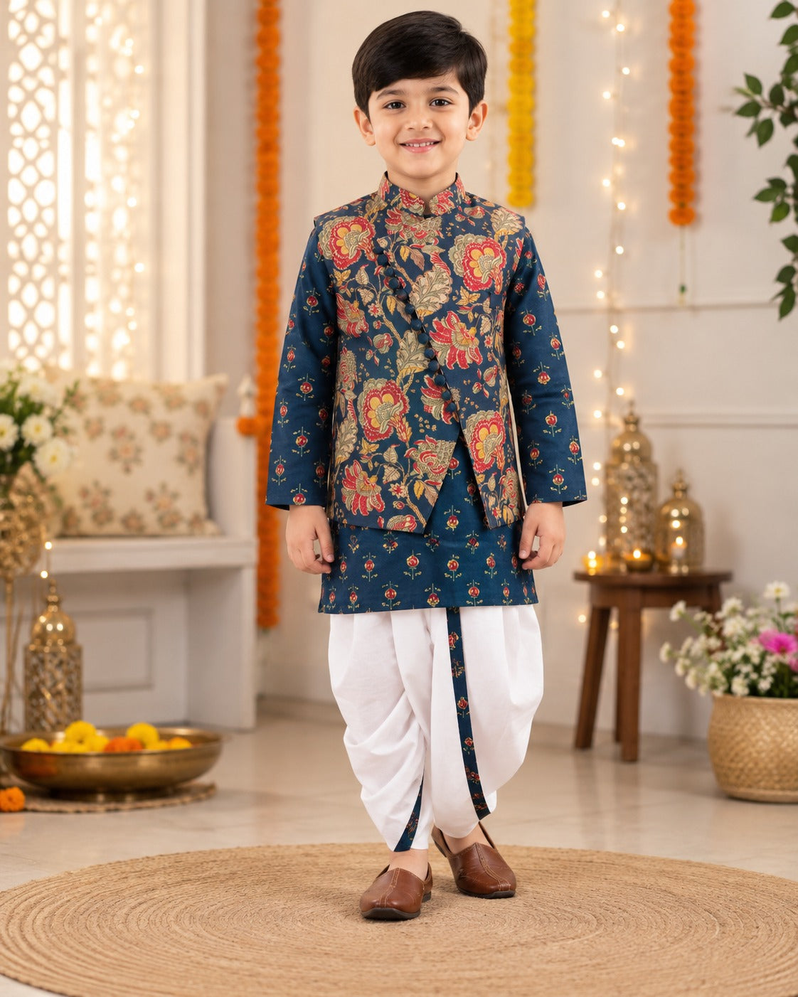 Navy Blue block printed Jacket with Kurta -Dhoti