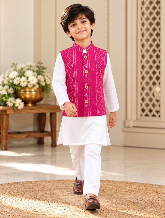 Pink Bandhej Jacket With Lurex Kurta Pyjama