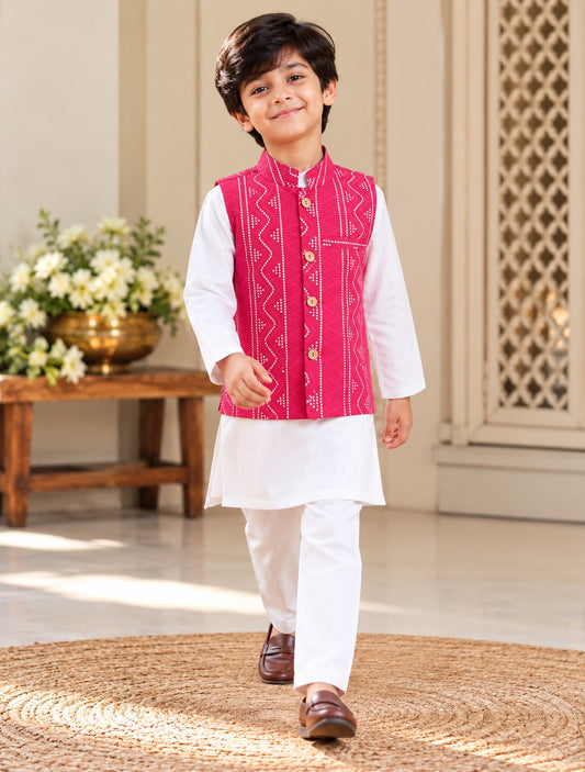 Red Bandhej Jacket With Lurex Kurta Pyjama