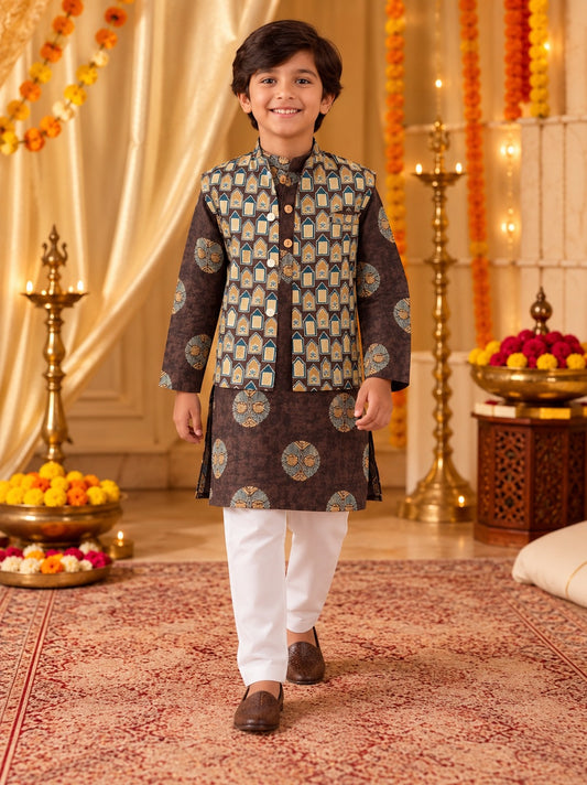 Brown Ajrakh Jacket with Kurta -Pyjama