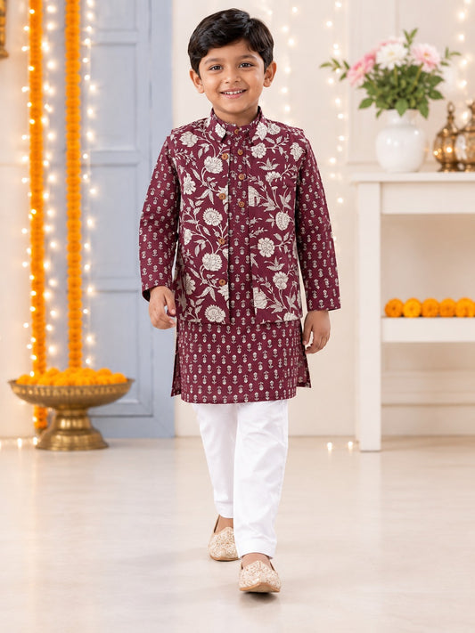 Mehroon Genda fool  Jacket with Kurta -Pyjama