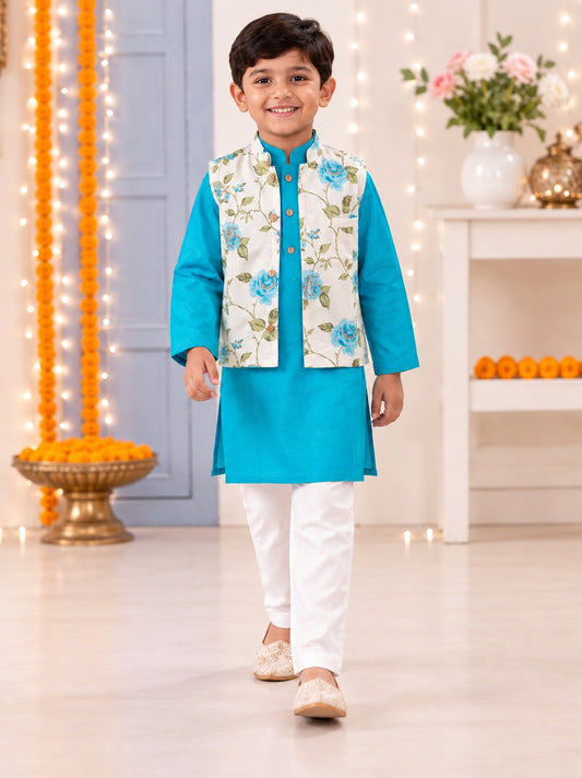 Sky Blue Rose Jacket with Kurta -Pyjama