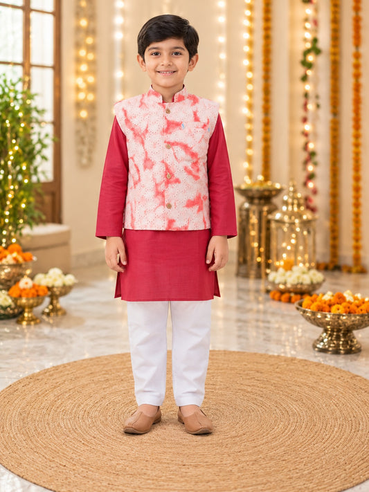 Schiffli Peach-Rust Jacket with Kurta -Pyjama