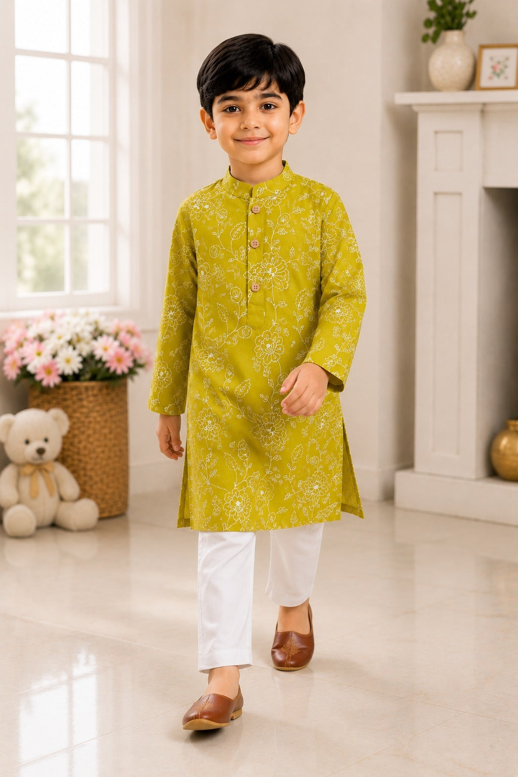 Embroided  Mul cotton Lime Greencoloured  Kurta with embroided Pajama