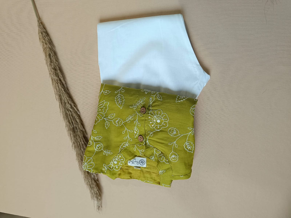 Embroided  Mul cotton Lime Greencoloured  Kurta with embroided Pajama